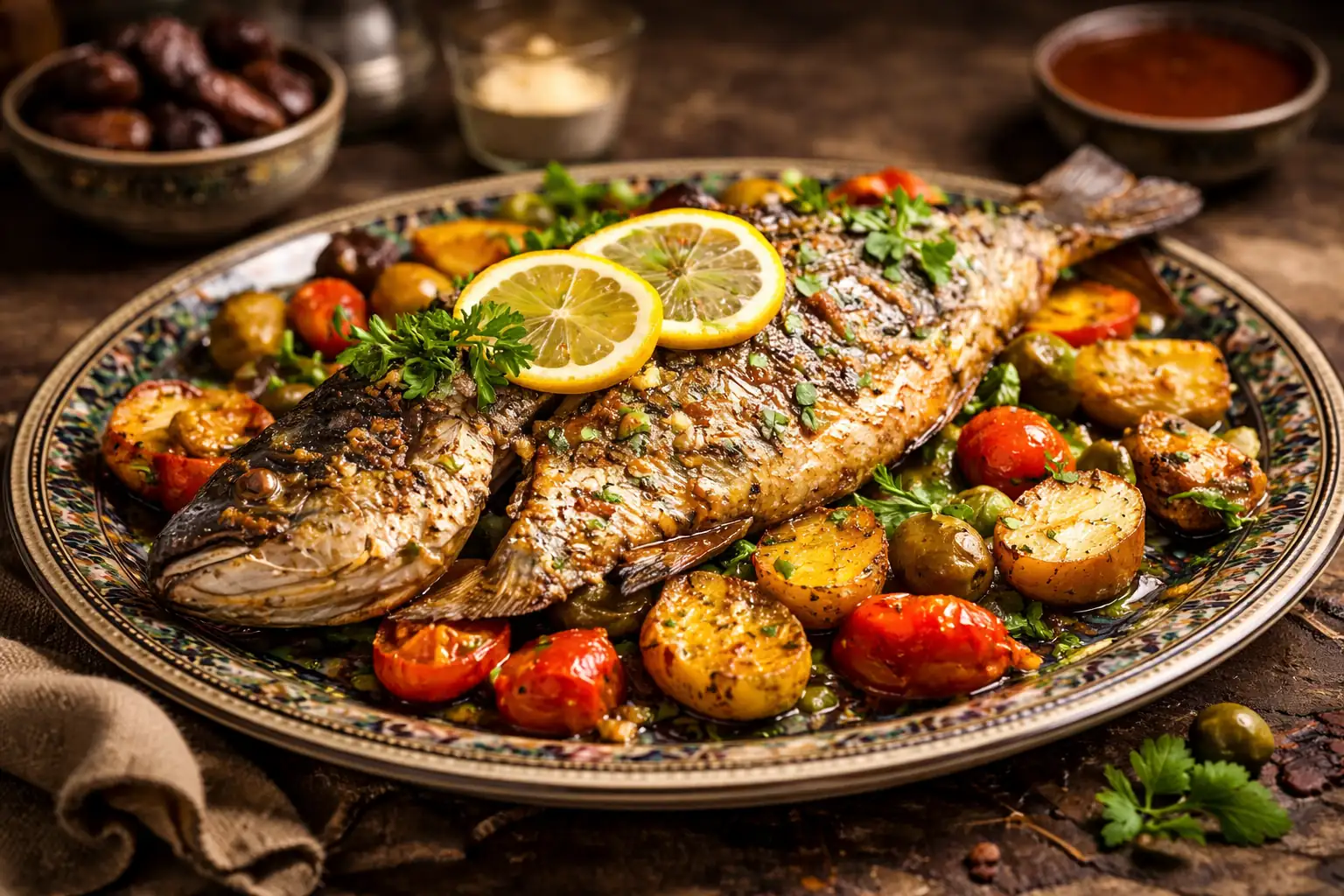 Poisson du jour rôti au four avec légumes et herbes fraîches.