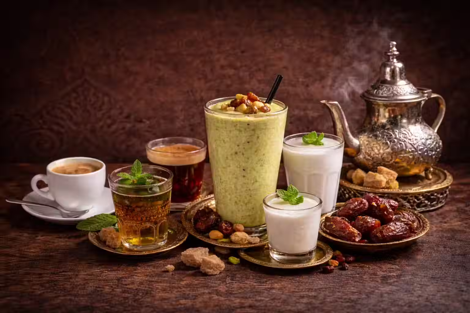 Menu compos&eacute; d'un plat principal et d'une boisson, servi sur plateau.